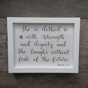 She Is Clothed In Strength- White Frame (Silver Hearts)